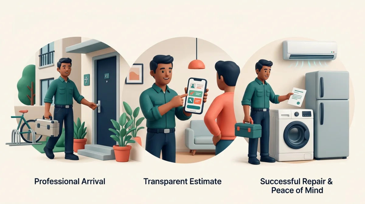 Illustrated service journey: the technician arrives, checks the appliance and completes the repair